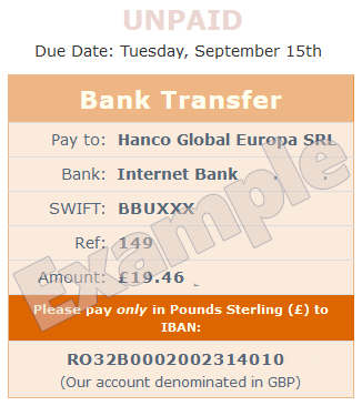 Example of payment by Bank Transfer for your Hanco Account