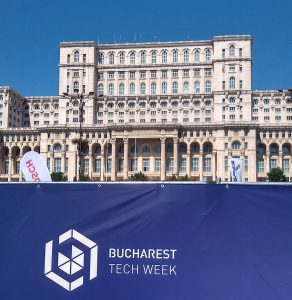 The Tech Expo portion of the Bucharest Technology Week set up in front of the People's Palace in June 2022